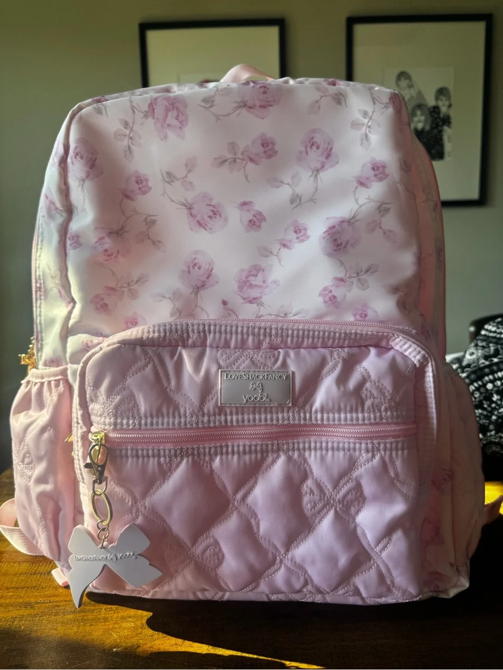 LoveShackFancy Light Pink Floral Quilted Kids Backpack with Bow Charm
